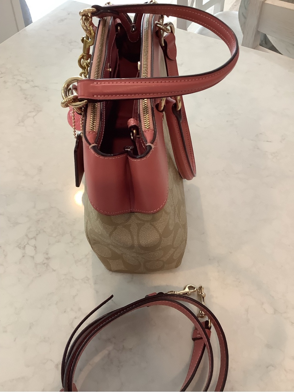 Coach Mini Brooke Beige Signature Canvas Satchel Crossbody with Pink Trim - Picture 5 of 12